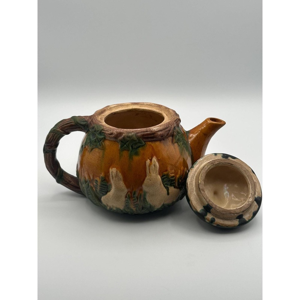 Vintage Art Nouveau Majolica Teapot Woodland Tree Leaf Design - Picture 6 of 8